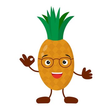 Cute pineapple character with eyes, arms and legs. Vector flat illustration
