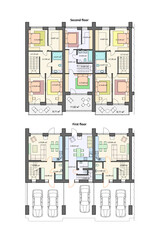 Detailed architectural townhouse floor plans, apartments layout, blueprint. Vector illustration