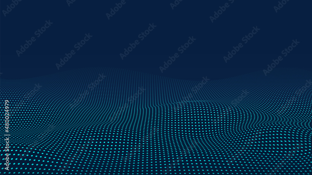Poster abstract wave with moving dots. flow of particles. cyber technology illustration. 3d rendering