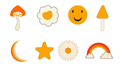 A set of posters in the hippie style., Vector illustrations simple linear style. Rainbows, flowers, abstractions, mushrooms, style.