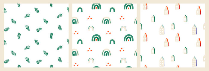 A set of spring seamless patterns with plants, houses and rainbows. Spring backgrounds. Modern vector illustrations