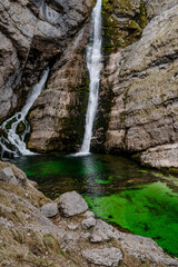 High-colored green of Savica waterfall in Slovenia, Bohinj lake, Triglav national Park