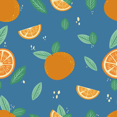 vector seamless pattern with oranges and leaves. Summer colorful wallpaper. Energetic, fresh and fruity background. Orange juice for breakfast. Healthy and natural citrus fruit