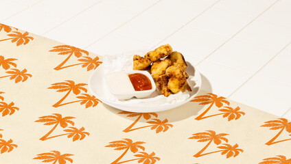 Delicious Cauliflower Bites wings with Cheese Dip and ketchup on colorful background Healthy eating, plant based meat