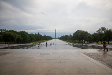 Washington DC, USA - August 22 2021: Washington Monument during summer. View from Lincoln Memorial.
