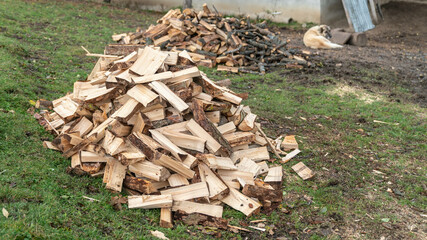Cut wood logs stored in a storage yard. This woodpile are chopped and saved to burn in a stove during winter.