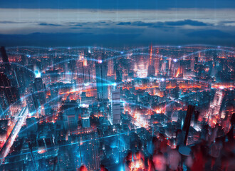 Manipulated city with digital network line for connect metaverse era.