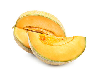 Cut tasty ripe melons on white background