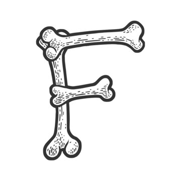 letter F made of bones sketch engraving vector illustration. Bones font. T-shirt apparel print design. Scratch board imitation. Black and white hand drawn image.