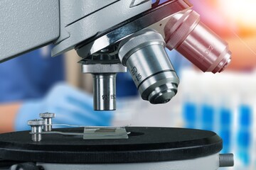 Microscope and tubes for analysis in a hospital blood bank. research laboratory for haematological diseases