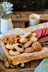 cookies box. red velvet, almond, almond with jam, ginger, chocolate chip cookies.