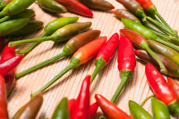 many small chili peppers on wooden background
