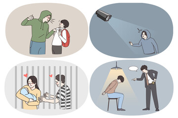 Crimes and life in prison concept. Set of criminals thieves robbers attacking people living meeting relatives in jail making crimes vector illustration 
