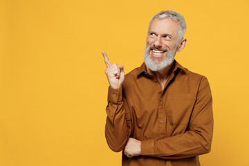 Happy excited magnificent elderly gray-haired bearded man 40s years old wear brown shirt pointing...