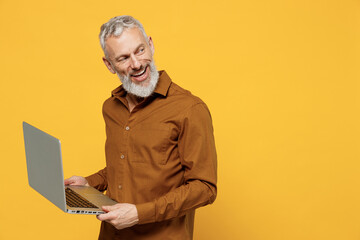 Elderly gray-haired bearded man 40s years old in brown shirt hold use work on laptop pc computer...