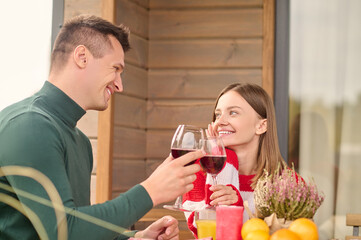 Man and woman touching wineglasses looking at each other
