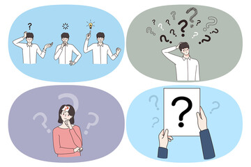 Asking searching for decision concept. Set of young people with question mark around feeling doubt trying to find best decision need help or great idea for business vector illustration 