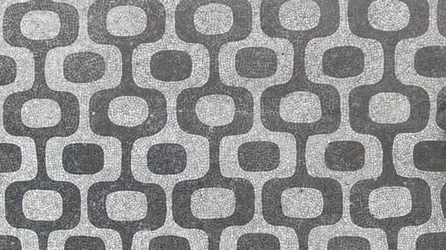 Top down aerial view of iconic Ipanema Beach mosaic sidewalk in Rio de Janeiro, Brazil. 