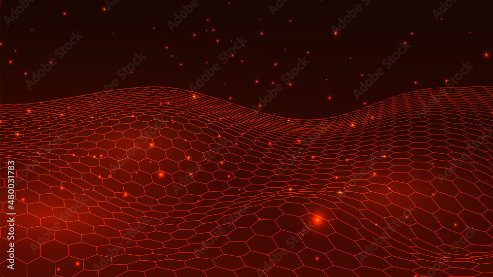Poster abstract hexagon wave with moving dots. flow of particles. cyber technology illustration. 3d renderi