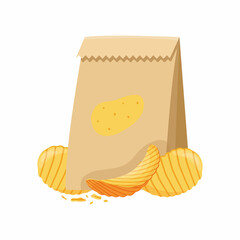 Potato chips in paper packaging, beer snack. Salty snacks.
