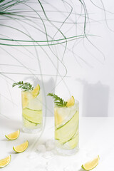 Dos vasos de bebida desintoxicante, agua con fruta y hielo. Contiene pepino, lima y hojas verdes sobre una mesa blanca. Con suave sombra en la pared. Verano, concepto de cóctel tropical y fresco