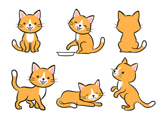 Set of cartoon kitten with various expressions. Sitting, begging, walking, sleeping cat with happy face. vector collection