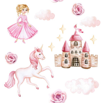 Unicorn,  princess, castle, rainbow boho seamless pattern. Watercolor illustration. Template. Clip art