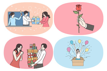 Present gift and surprise concept. Set of people making and taking gifts in boxes carrying heap of presents giving red rose as symbol of love feeling happy with surprise vector illustration