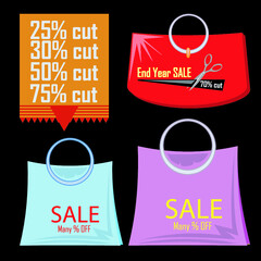 Set of shopping bag with various discount price isolated on black Back ground