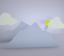 Backpacker on the road in the mountains. Hiker walking on the path in mountains. Papercut style concept. 3d render