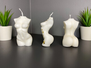 three trendy soy candle female bodies on the grey table