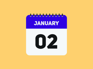 January 02 text calendar reminder. 2nd January daily calendar icon template