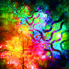 Imagen digital de arte conceptual compuesto de entramados rectos y curvos rellenos de colores vivos visualizando la descomposición de la luz en una vidriera translúcida.