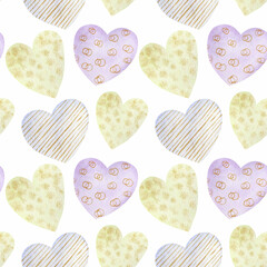 Pattern of watercolor hearts on a white background. Isolated symbols. Wrapping paper for valentine's day. Delicate combination of lilac and gold.