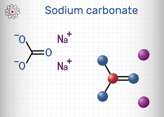 Sodium carbonate, Na2CO3, natrium carbonate, washing soda, soda ash molecule. It is disodium salt of carbonic acid. Sheet of paper in a cage. Vector illustration