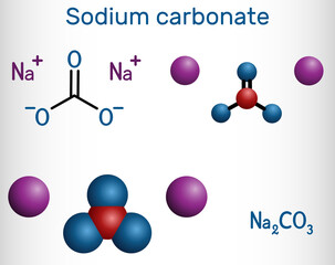 Sodium carbonate, Na2CO3, natrium carbonate, washing soda, soda ash molecule. It is disodium salt of carbonic acid, is organic sodium salt, carbonate salt. Structural formula, molecule model