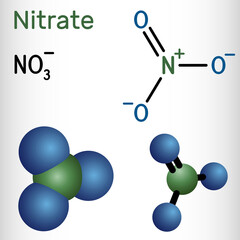 Nitrate anion molecule. Nitric acid salts containing this ion are called nitrates. Structural chemical formula and molecule mode