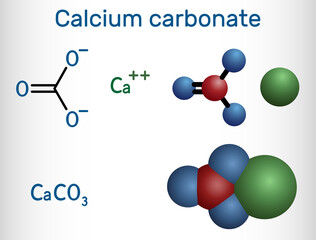 Calcium carbonate molecule. It is an ionic compound, the carbonic salt of calcium CaCO3, calcium salt, Food additive E170. Structural chemical formula and molecule model