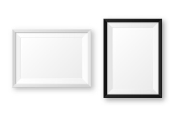 Realistic black and white picture frames with shadow. Blank poster mockup. Empty photo frame. Vector illustration.