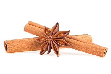 Cinnamon sticks and anise star isolated on a white background. Spices. Macro.
