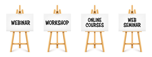 Realistic paint desk with text on white canvas. Wooden easel and a sheet of drawing paper. Presentation board on a tripod. Distance education, online courses and e-learning. Vector illustration