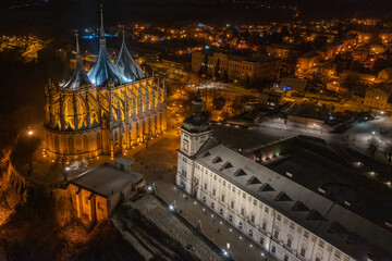 The gothic Cathedral of St Barbara in Kutna Hora and Old Jesuit College at night, Bohemia region. UNESCO World Heritage building in Czech Republic