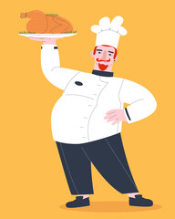A fat red-haired uncle is a cook. The man holds the finished bird on a platter. Festive turkey from the chef. Flat vector illustration