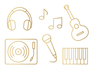 set of golden music related icons: headphones, music notes, guitar, gramophone, microphone and piano keys - vector illustration