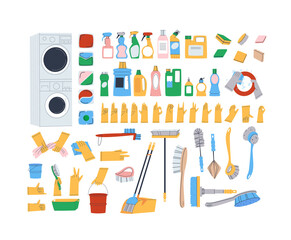 House cleaning tools. Household chemicals. Washer and dryer. Large set of funds. Flat vector illustration.
