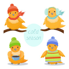 The set of cute birds in cold season with hat, scarf, earmuffs, coffee.