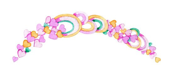 Watercolor arch made of cute hearts and rainbows in pastel colors. Hand drawn illustration isolated on white background. Element for design of cards and scrapbooking.