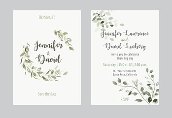 Fototapeta na wymiar Watercolor wedding invitation with green leaves in rustic style