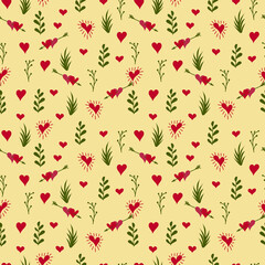 A yellow set of seamless patterns for Valentine's Day measuring 1000 by 1000 pixels with hearts and flowers, doodle. Vector graphics