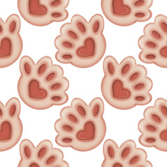 seamless pattern of a cat's paw with a heart isolated on a white background